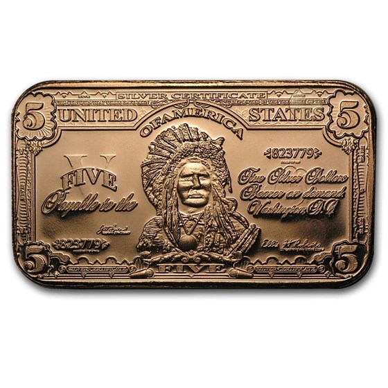 1 oz Copper Bar - $5.00 Indian Chief Banknote Replica 1 oz Copper Bar - $5.00 Indian Chief Banknote Replica